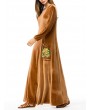 棕色丝绒刺绣穆斯林连衣裙 - 圆领、长袖