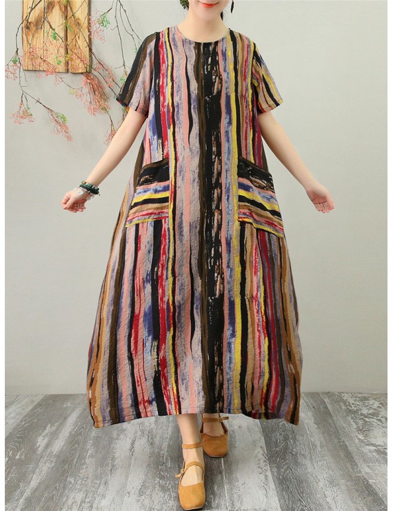 复古多色条纹及踝连衣裙 - 棉涤混纺