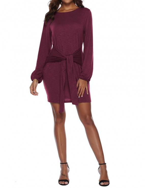 纯色长袖抽绳休闲连衣裙
