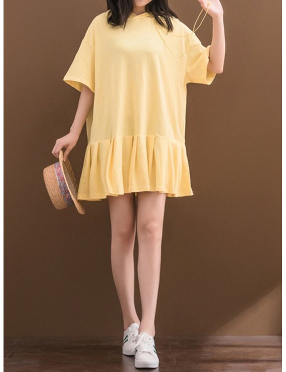 女士褶皱连帽半袖夏季连衣裙