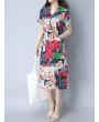 女士复古印花V领中长款连衣裙 - 聚酯纤维