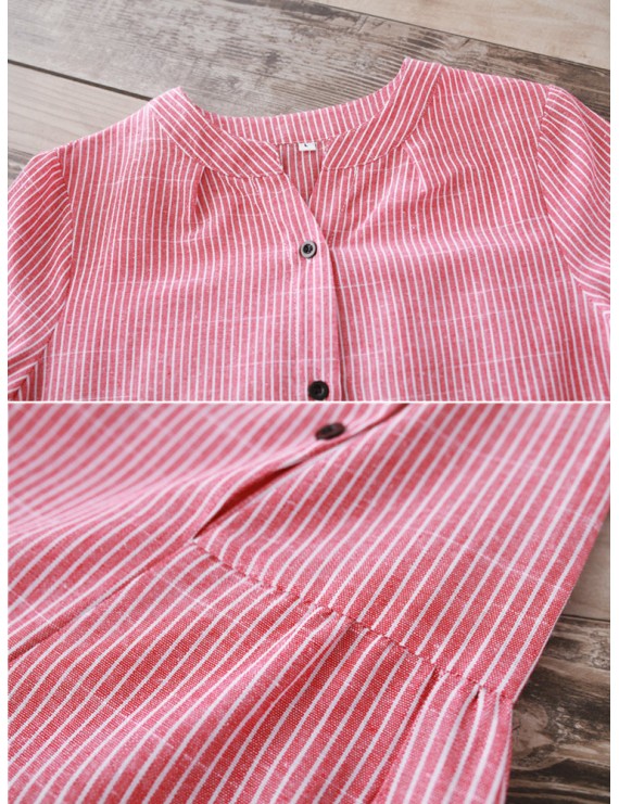 女士复古条纹棉质衬衫裙 - 夏季款