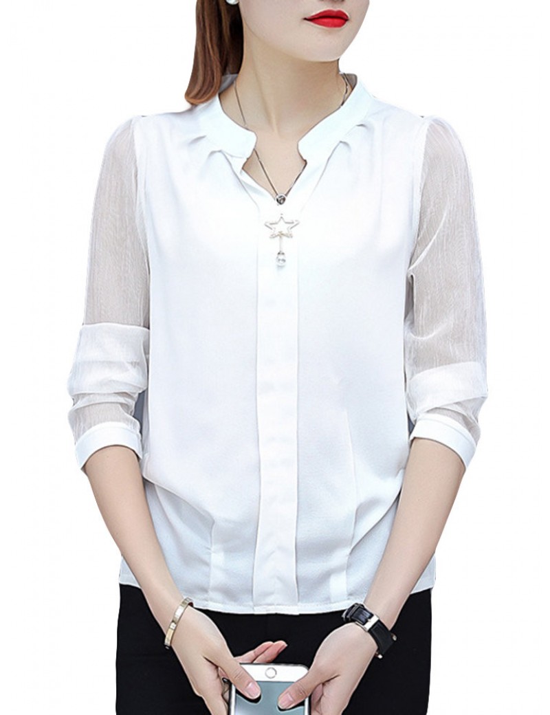 女士雪纺V领长袖衬衫(S–5XL)