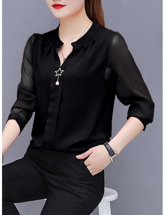 女士雪纺V领长袖衬衫(S–5XL)