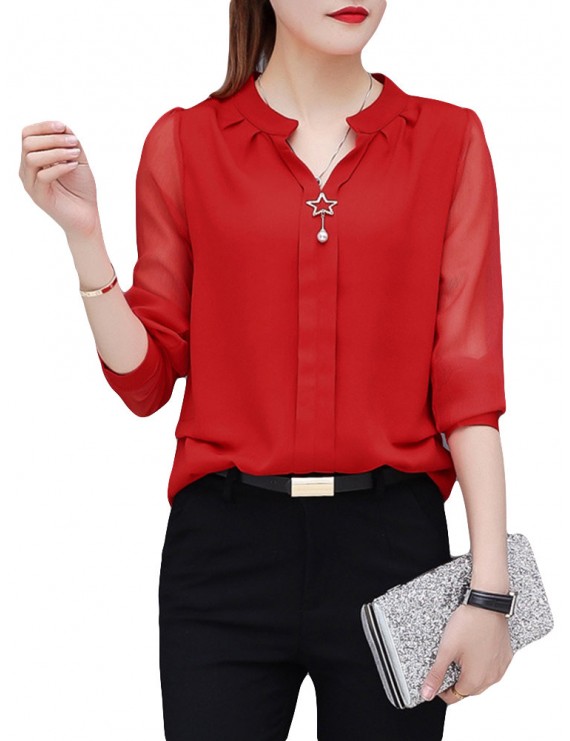 女士雪纺V领长袖衬衫(S–5XL)