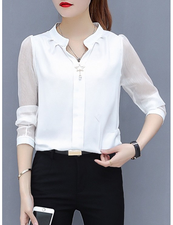 女士雪纺V领长袖衬衫(S–5XL)
