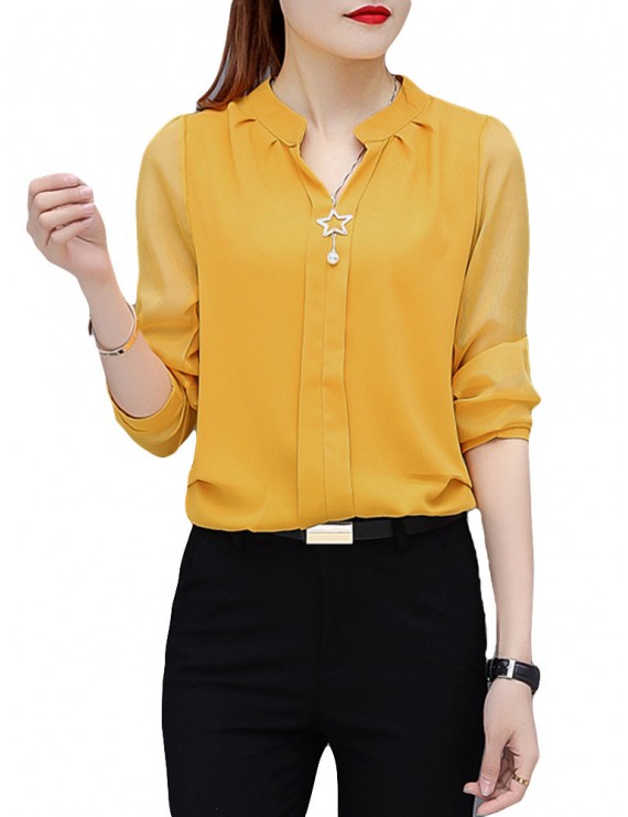 女士雪纺V领长袖衬衫(S–5XL)