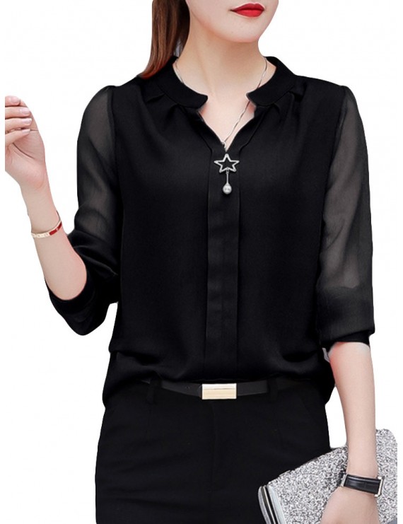 女士雪纺V领长袖衬衫(S–5XL)