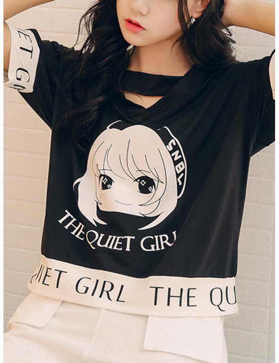 漫画角色纯棉V领T恤