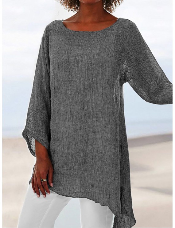 复古风七分袖高低差设计上衣——棉涤混纺