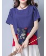 女士复古拼接棉质T恤 - 圆领短袖