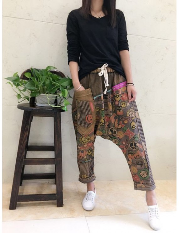 复古民族风印花垂裆拼接长裤