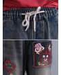 休闲拼接刺绣牛仔裤——松紧腰设计