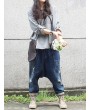 纯蓝色破洞哈伦牛仔裤 - 松紧腰设计