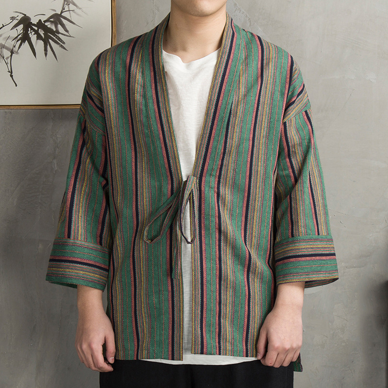 男士宽松条纹棉麻外套