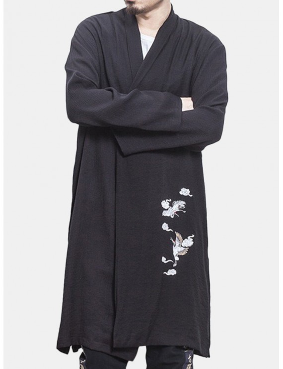 男士黑色亚麻开襟夹克（鹤纹刺绣）