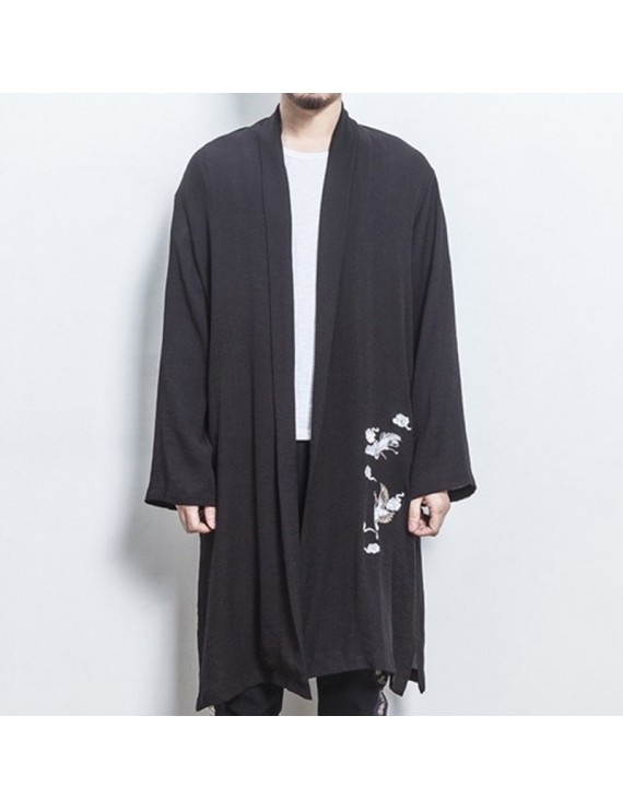 男士黑色亚麻开襟夹克（鹤纹刺绣）