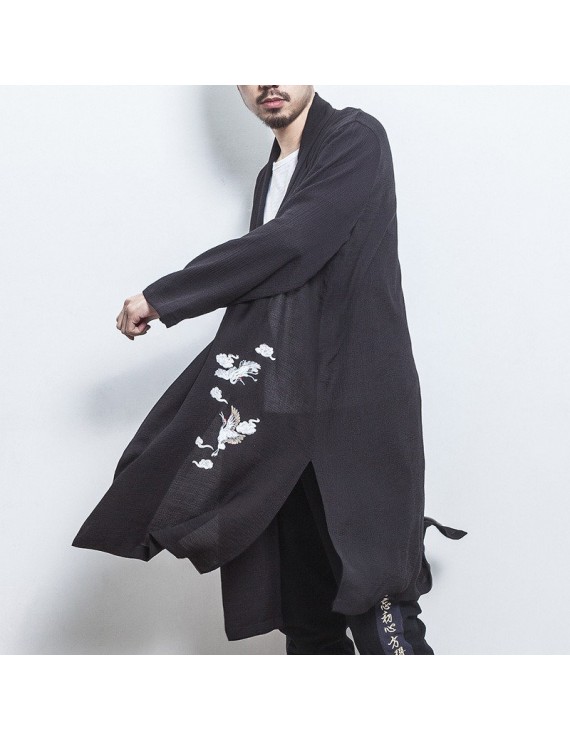 男士黑色亚麻开襟夹克（鹤纹刺绣）