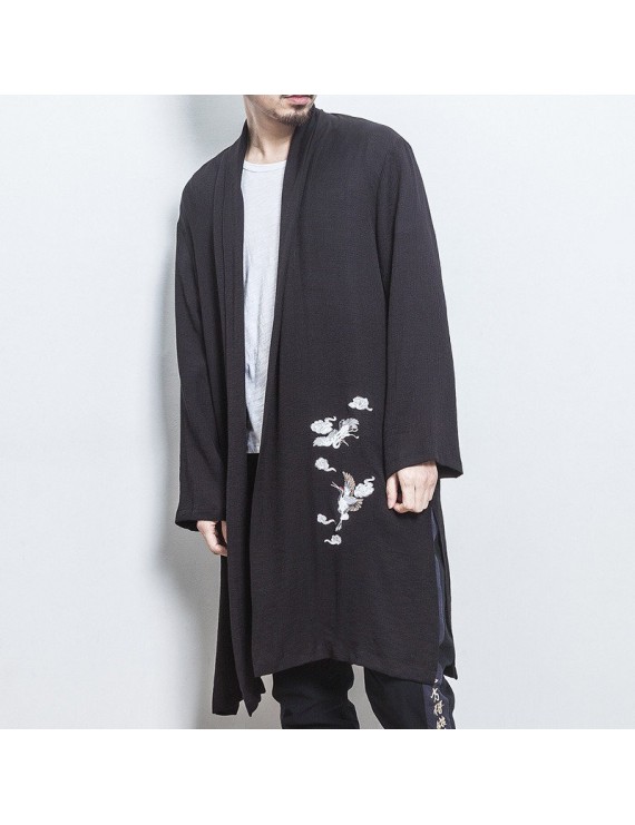 男士黑色亚麻开襟夹克（鹤纹刺绣）