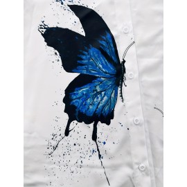 蝴蝶印花POLO领上衣 - 100%涤纶休闲长袖衬衫