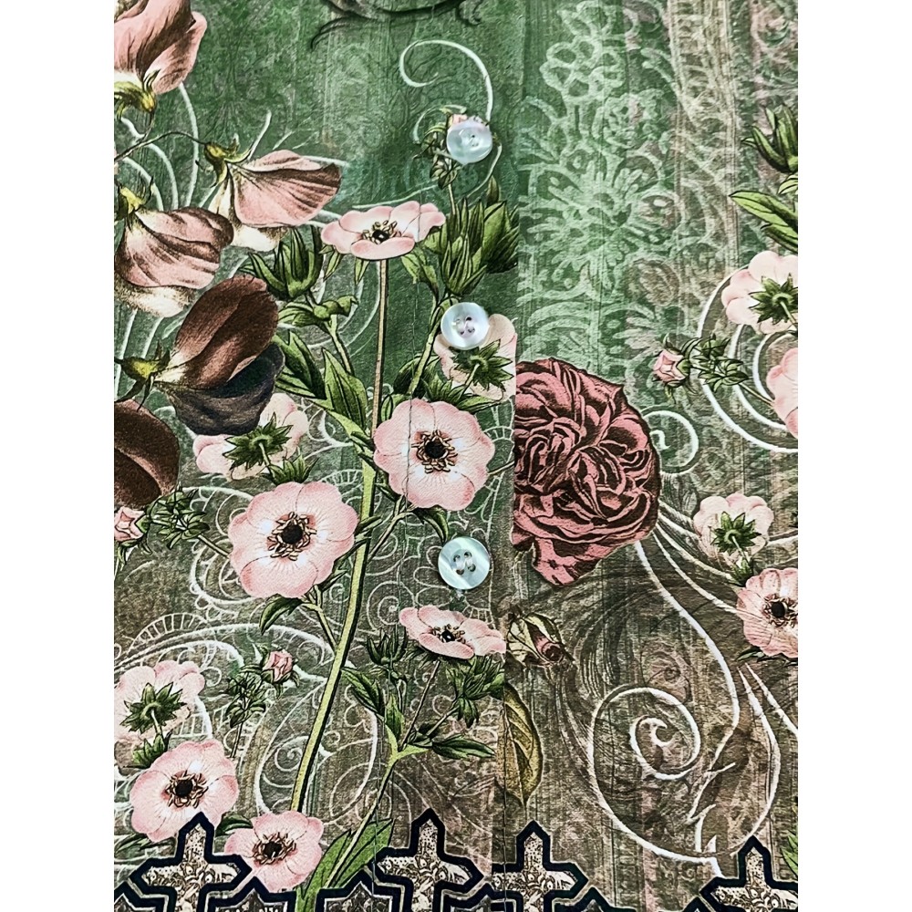 花卉图案纽扣前襟长袖衬衫 - 涤纶