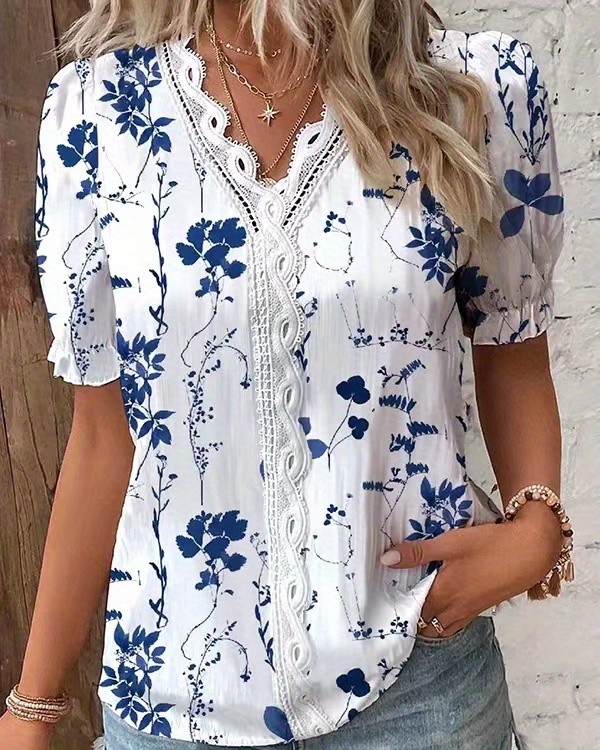 花卉印花蕾丝边上衣，度假风条纹V领短袖女式服装细节图 0