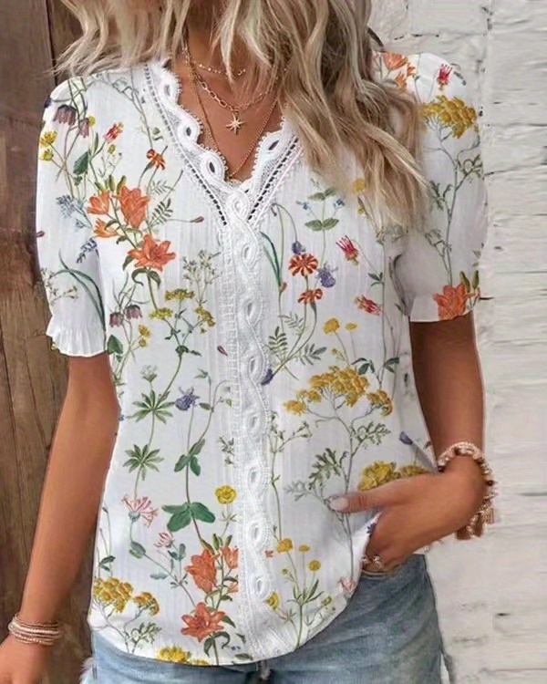 花卉印花蕾丝边上衣，度假风条纹V领短袖女式服装细节图 2