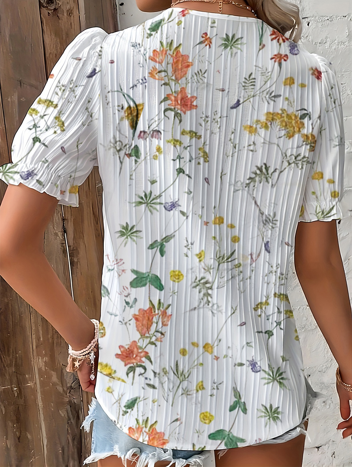 花卉印花蕾丝边上衣，度假风条纹V领短袖女式服装细节图 3
