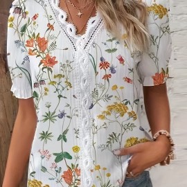 花卉印花V领波西米亚风上衣 - 聚酯纤维夏季上装