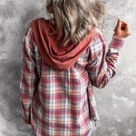 女士连帽格纹棉混纺衬衫