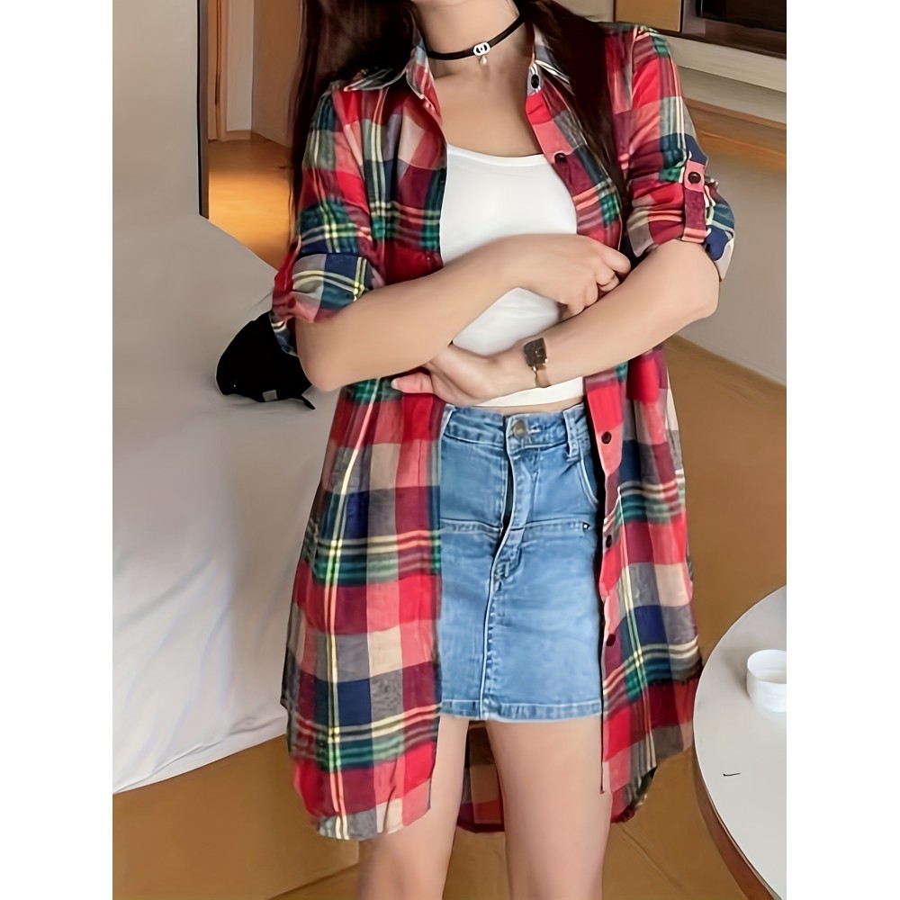 女士格纹纽扣前襟长袖衬衫
