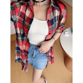 女士格纹纽扣前襟长袖衬衫