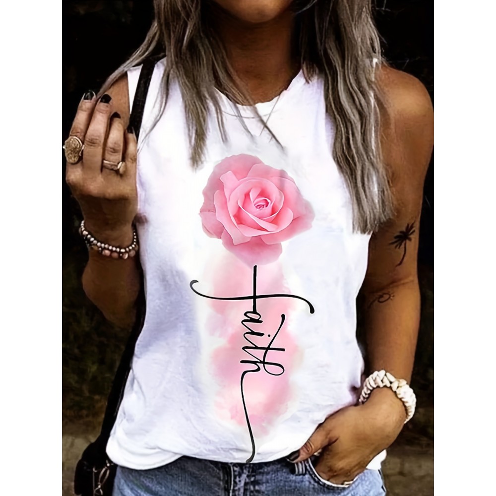 女士花卉与字母印花涤纶背心