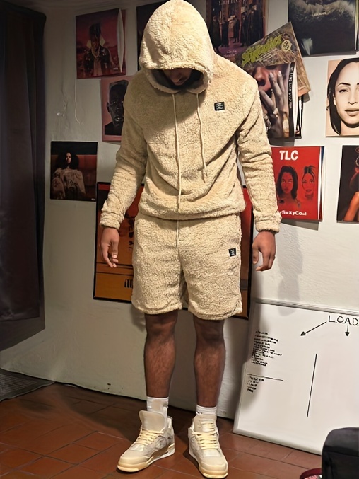 毛绒服饰，男士毛绒两件套休闲连帽长袖套头卫衣（Snuddie）与运动裤／短裤套装，适用于春秋季男士服装详情图 9