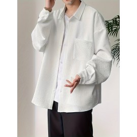 男士纯色涤纶休闲衬衫 - 翻领