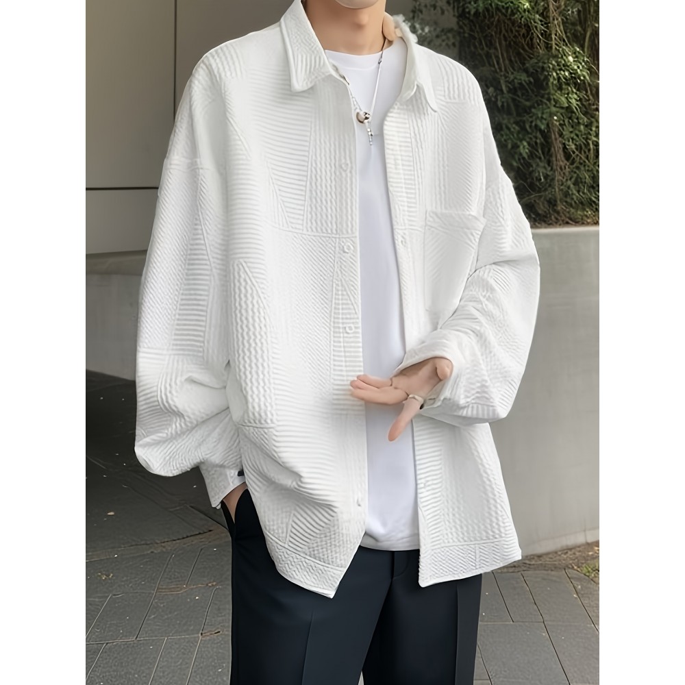 男士纯色涤纶休闲衬衫 - 翻领