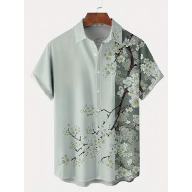 男士樱花花卉短袖衬衫 - 涤纶