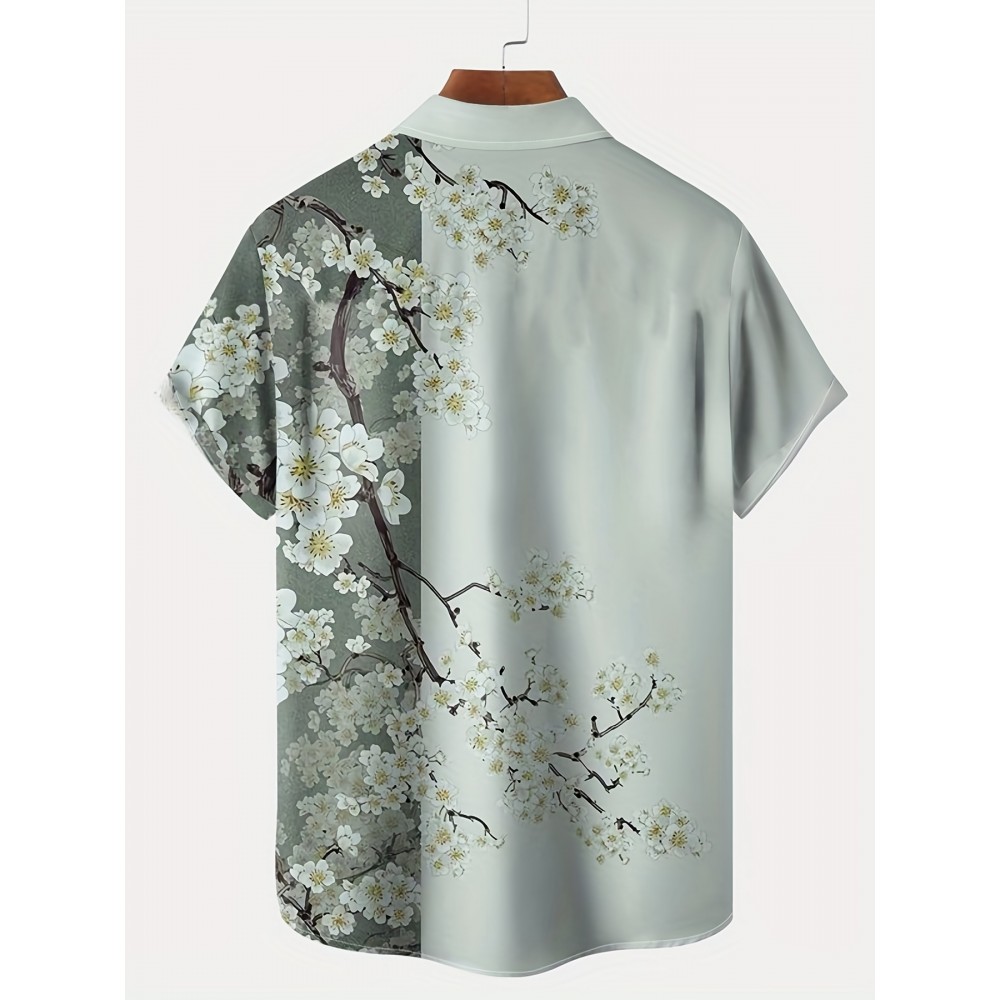 男士樱花花卉短袖衬衫 - 涤纶