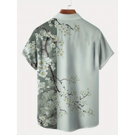 男士樱花花卉短袖衬衫 - 涤纶