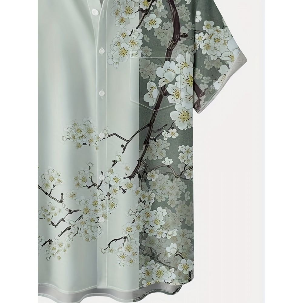 男士樱花花卉短袖衬衫 - 涤纶