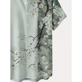 男士樱花花卉短袖衬衫 - 涤纶