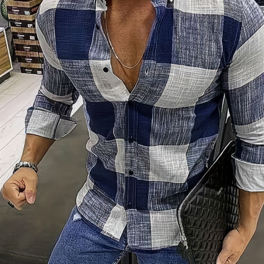 男士棉涤混纺格子衬衫——长袖，休闲版型