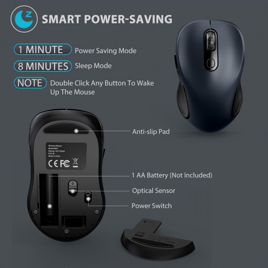 Wireless 2.4G Optical Mouse — 3-Level DPI Adjustment (800/1200/1600), 6-Button, Silent Click, Ambidextrous Design