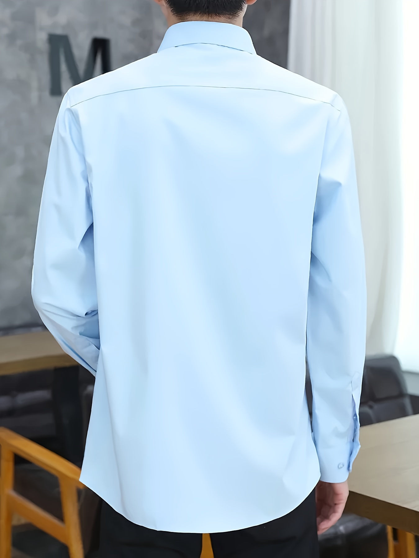 男士时尚纯色衬衫——商务活动适用的休闲透气翻领短袖纽扣衬衫——细节图8