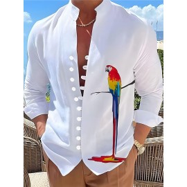 男士3D鹦鹉印花长袖休闲衬衫