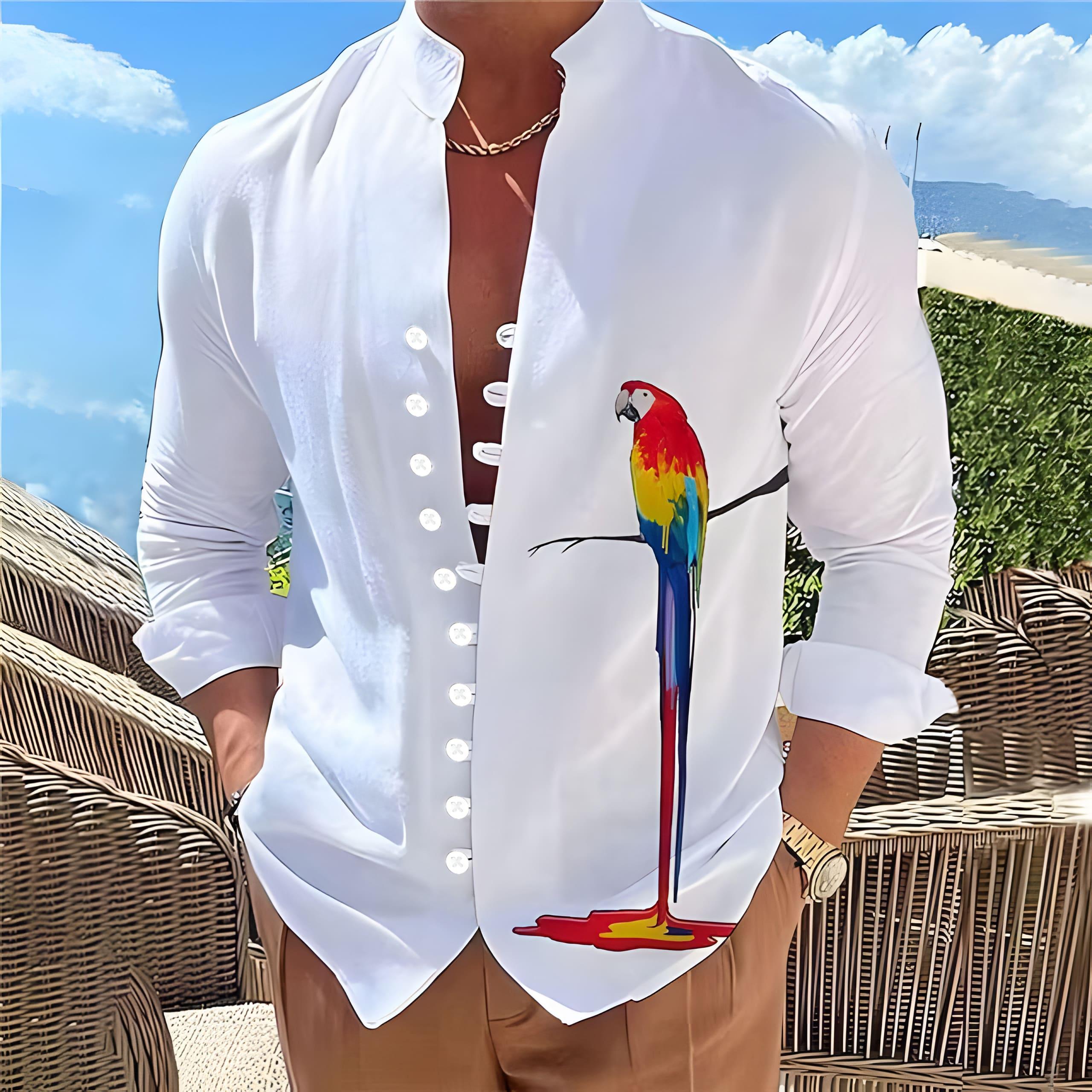 鹦鹉3D图案印花男士休闲长袖衬衫——正面图