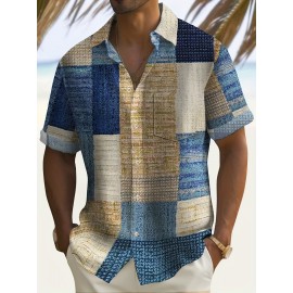 复古几何翻领衬衫——100%聚酯纤维短袖男士休闲衬衫