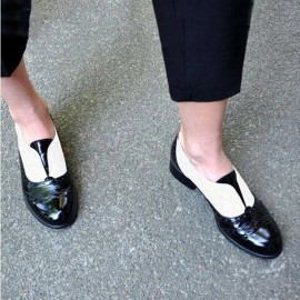女士拼色布洛克乐福鞋——方跟