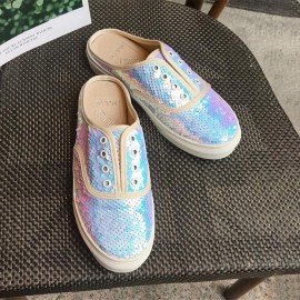 女士亮片一脚蹬平底鞋 - 银色、黑色、绿色
