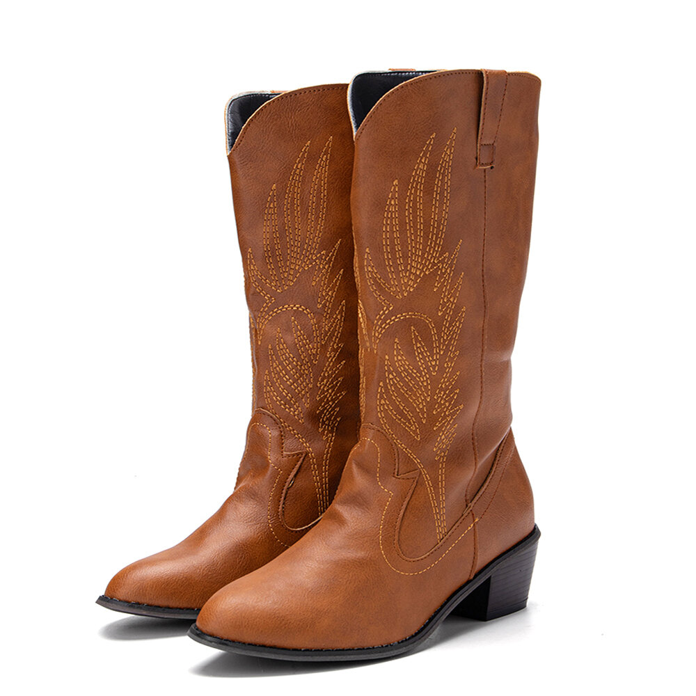 女士真皮刺绣牛仔靴